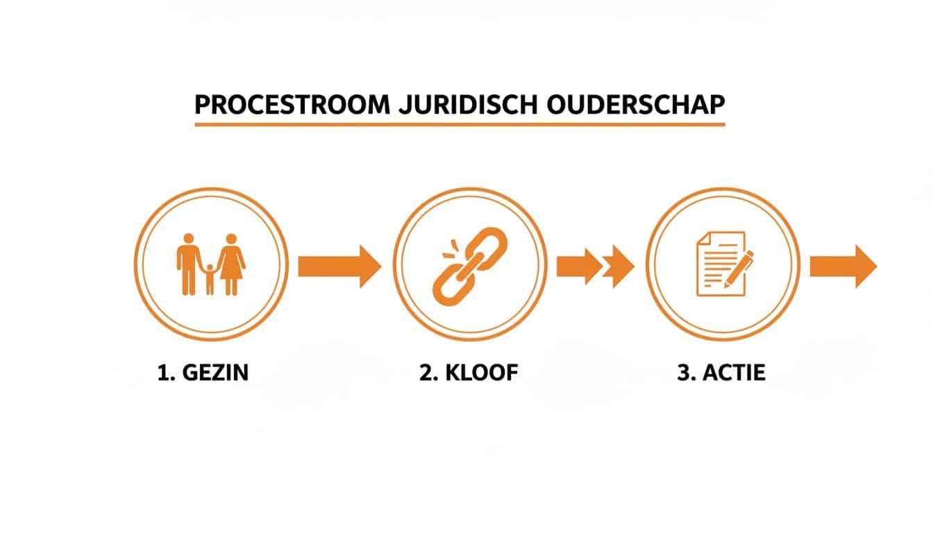 Een infographic toont de processtroom van juridisch ouderschap in drie stappen: gezin, kloof en actie.