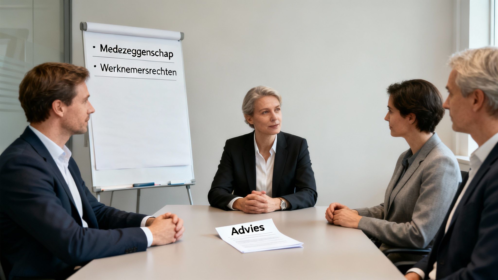 Een zakelijke bijeenkomst met vier professionals die medezeggenschap en werknemersrechten bespreken. Een document met 'Advies' ligt op tafel.