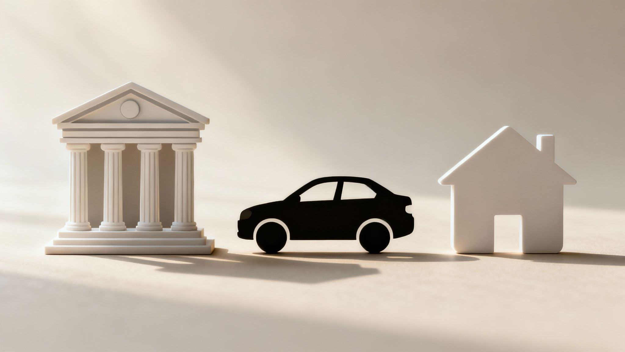 Verschillende objecten zoals een huis, een auto en een spaarpot, die de diverse soorten beslag illustreren