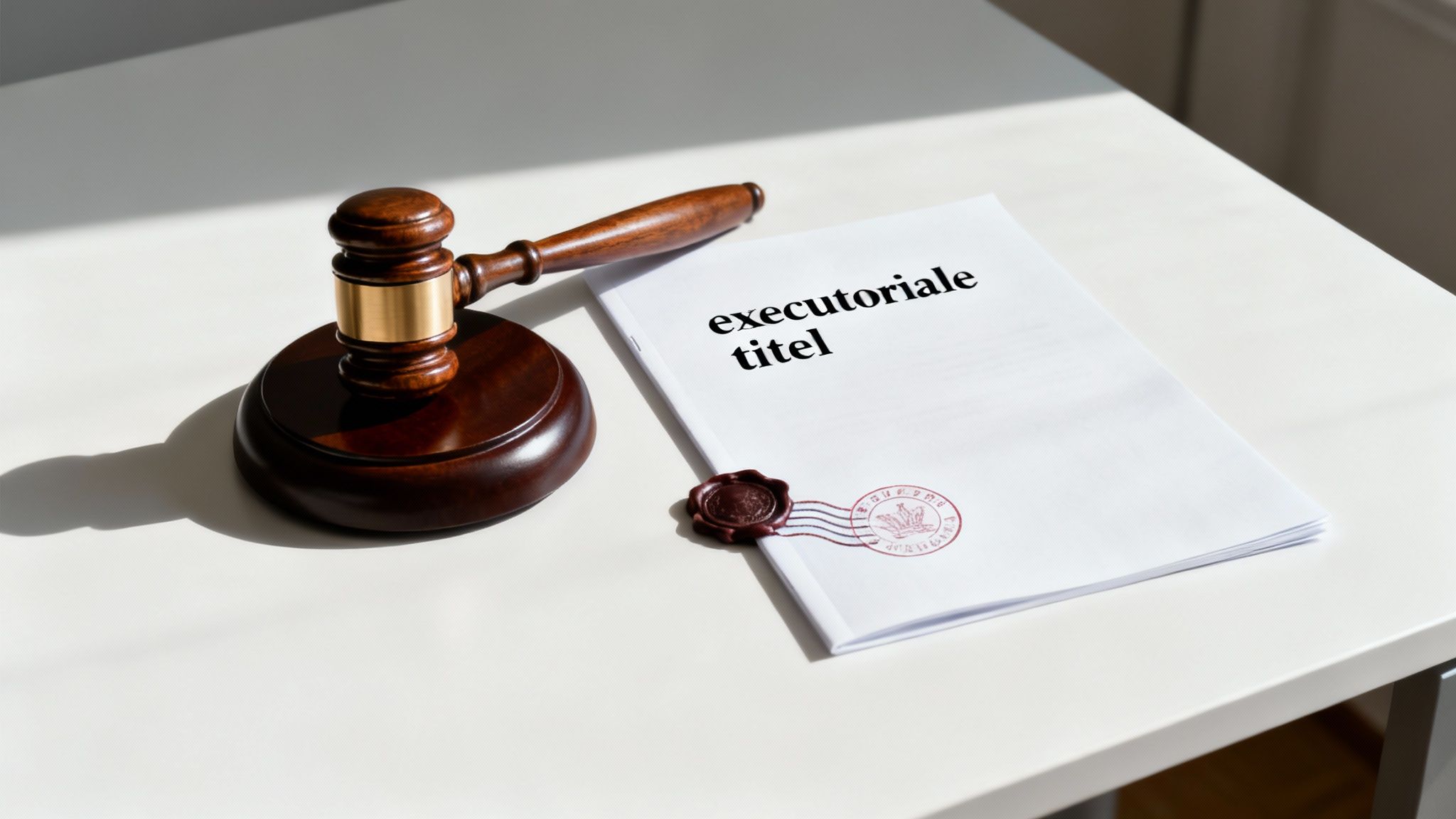 Een hamer van een rechter naast juridische documenten, die het concept van executierecht symboliseren