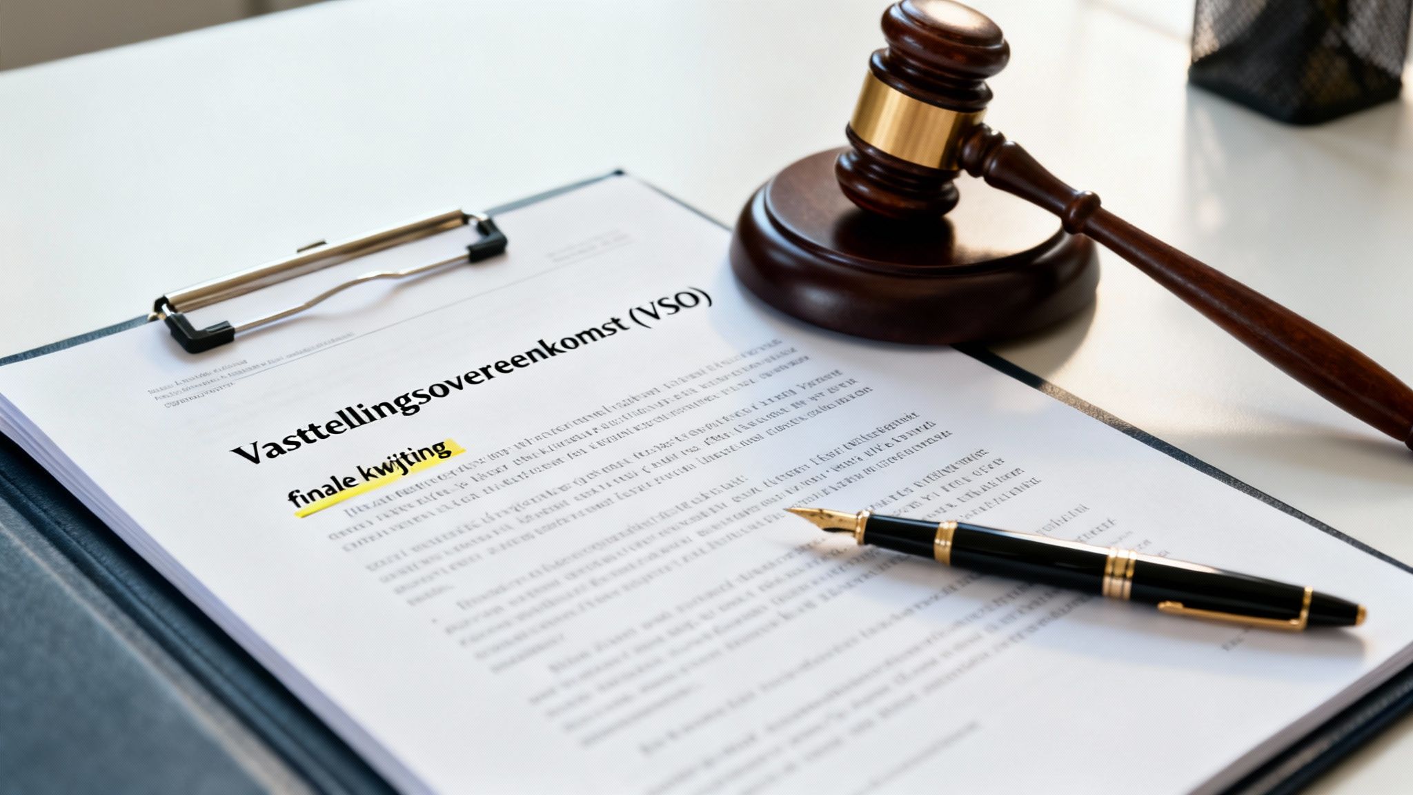 Een document met 'Vaststellingsovereenkomst' en 'finale kwijting' gehighlight, met een hamer en pen op een bureau.
