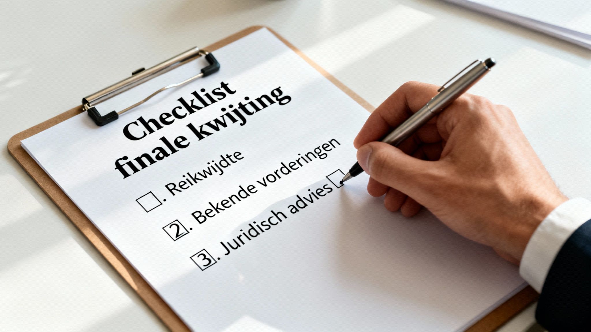 Een hand vinkt 'Juridisch advies' aan op een checklist voor finale kwijting, met andere items zoals 'Reikwijdte' en 'Bekende vorderingen'.