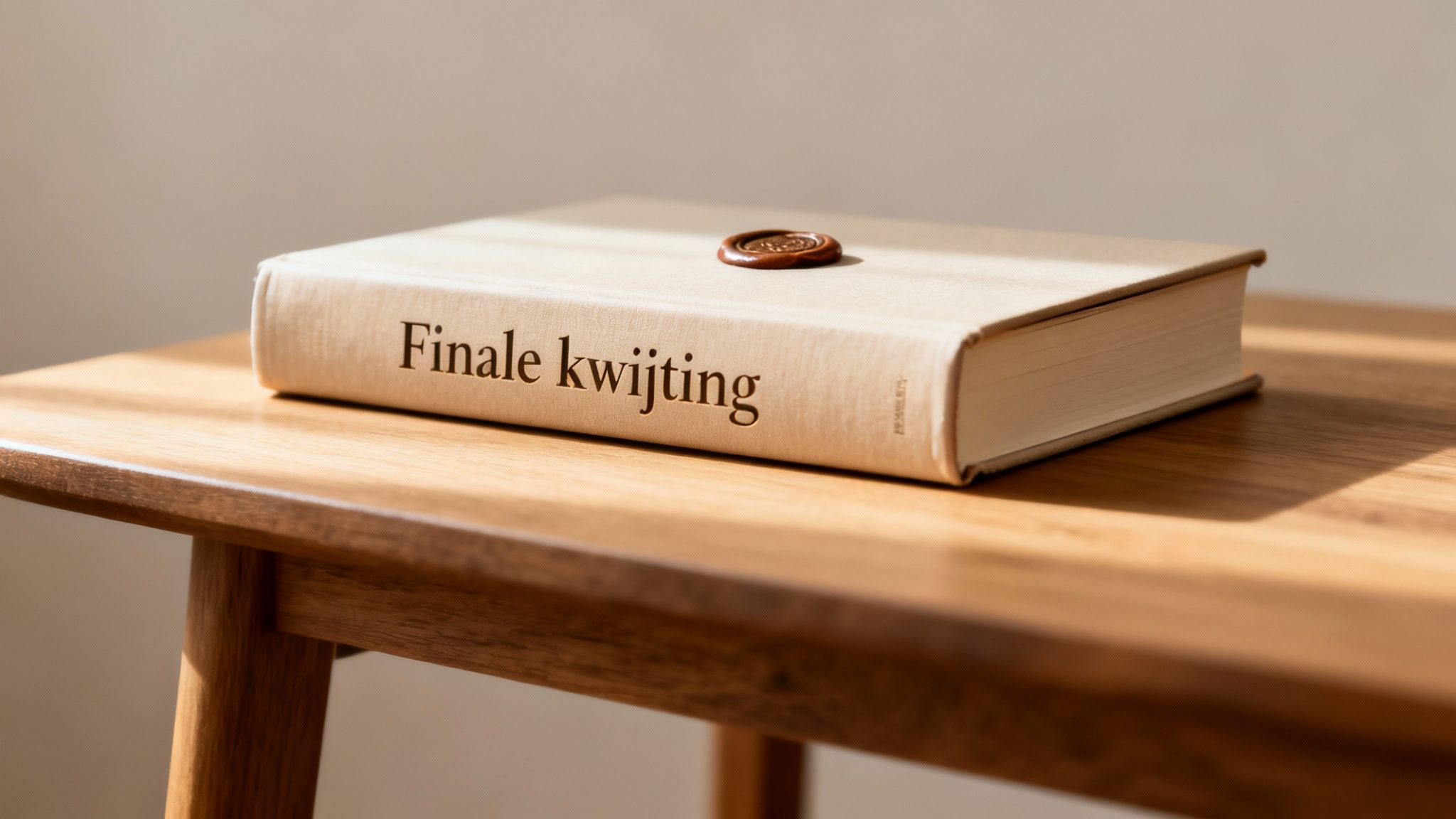 Een beigekleurig boek met de titel 'Finale kwijting' en een zegel op de kaft, liggend op een houten tafel.