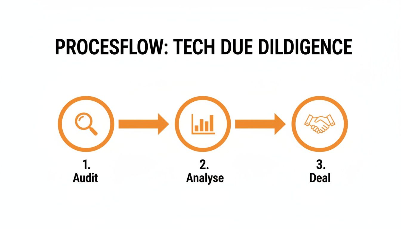 Een stroomschema dat de drie fasen van tech due diligence illustreert: audit, analyse en deal.