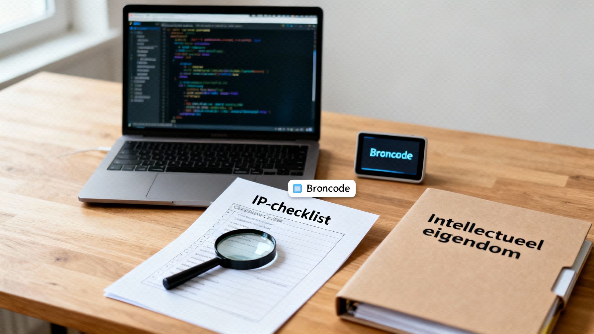 Een werkplek met laptop, broncode op scherm, een IP-checklist en een map over intellectueel eigendom.