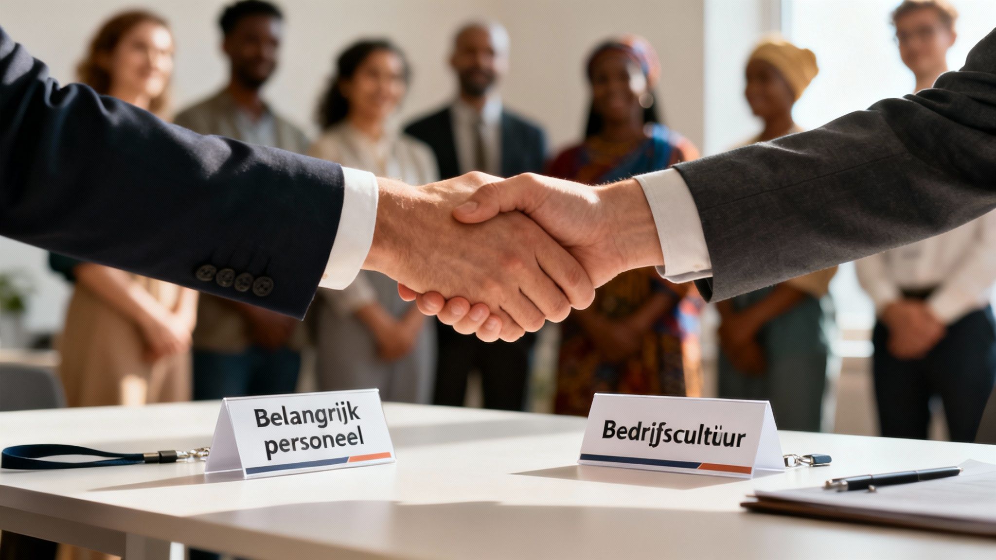 Twee zakenlieden schudden handen boven een tafel met bordjes 'Belangrijk personeel' en 'Bedrijfscultuur'.