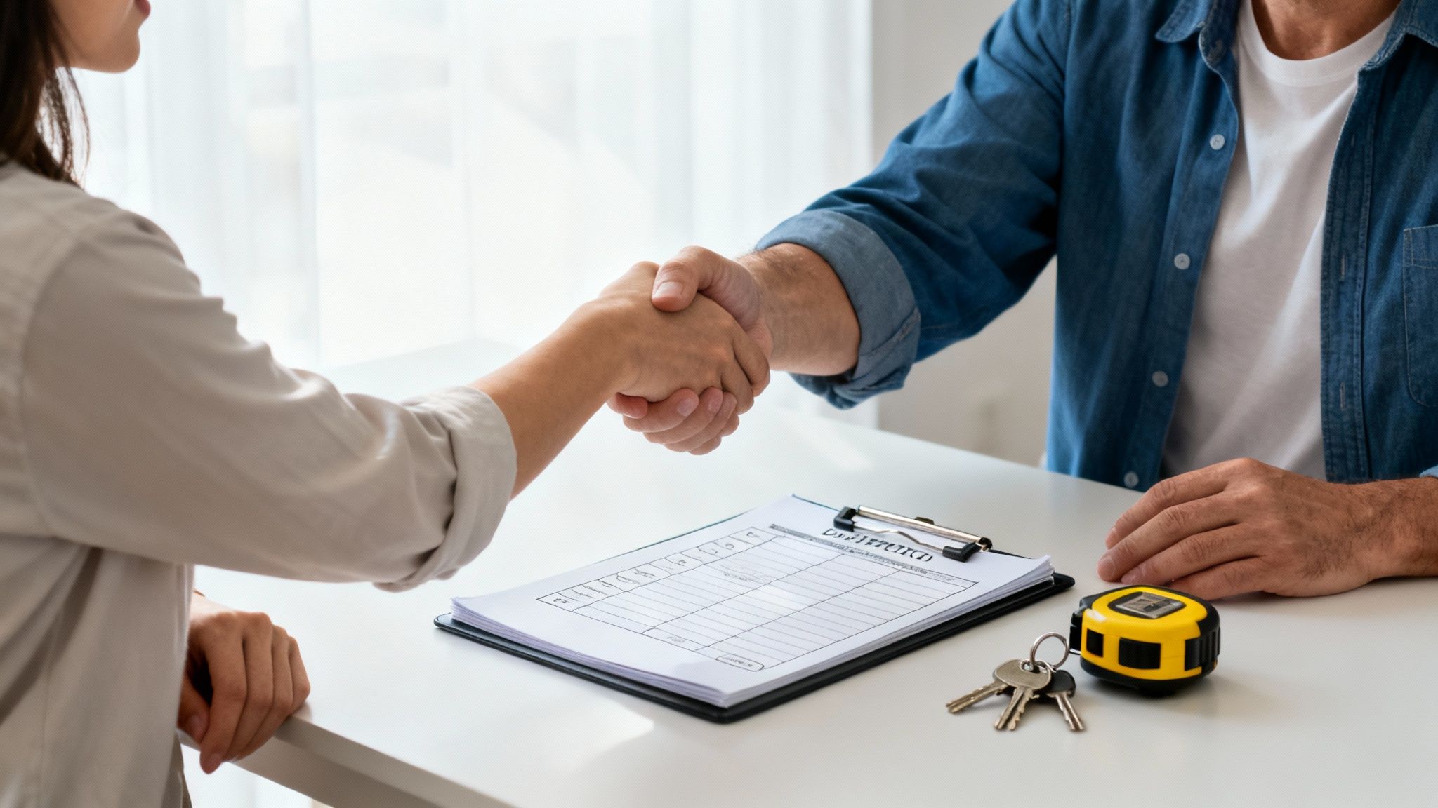 Twee personen schudden handen over een tafel met een contract, sleutels en meetlint, wat een overeenkomst symboliseert.
