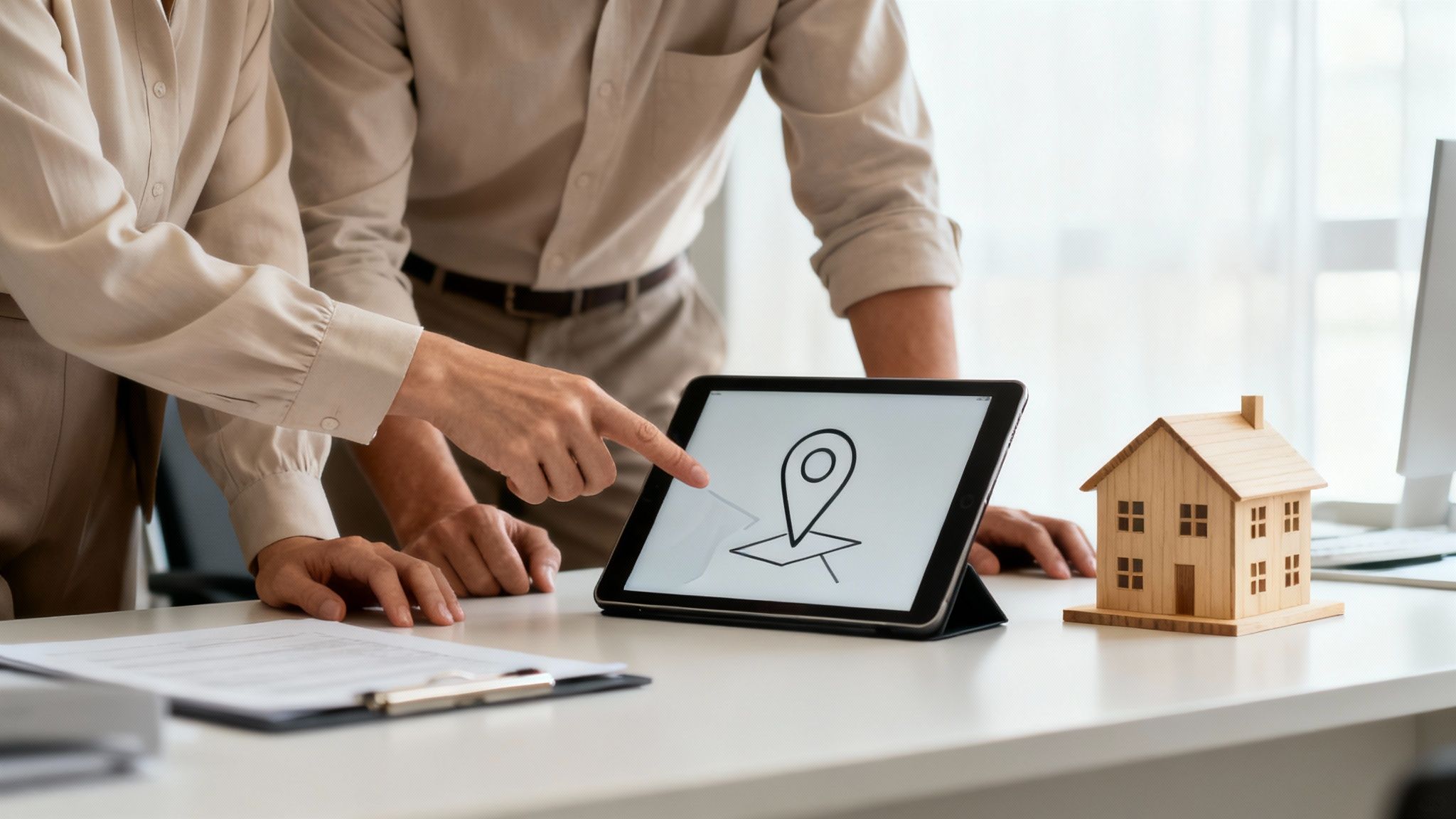 Twee mensen bekijken een tablet met een locatie-icoon, naast een houten huismodel en documenten op een bureau.