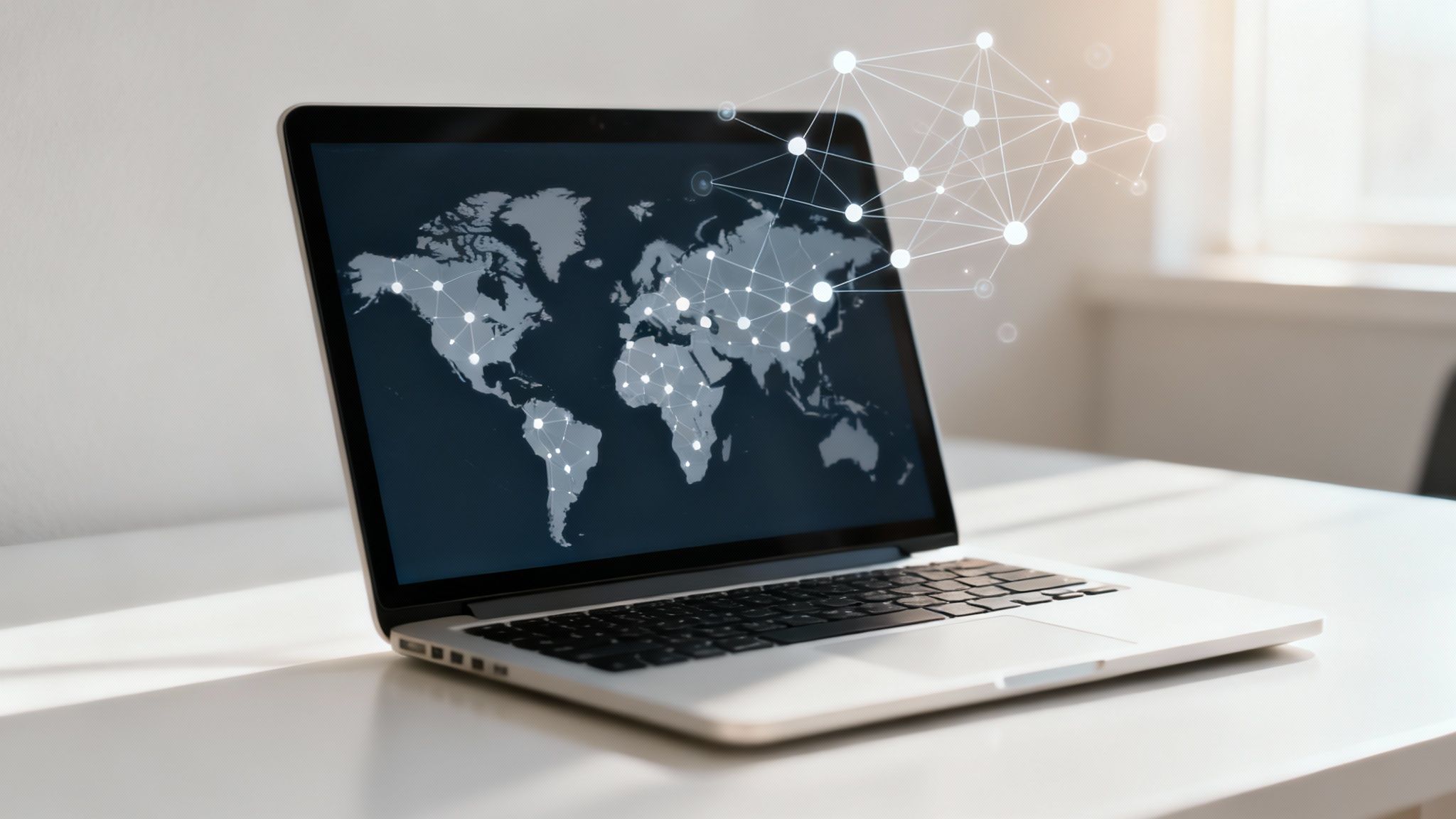 Wereldbol op een laptop, symbolisch voor grensoverschrijdend digitaal werken