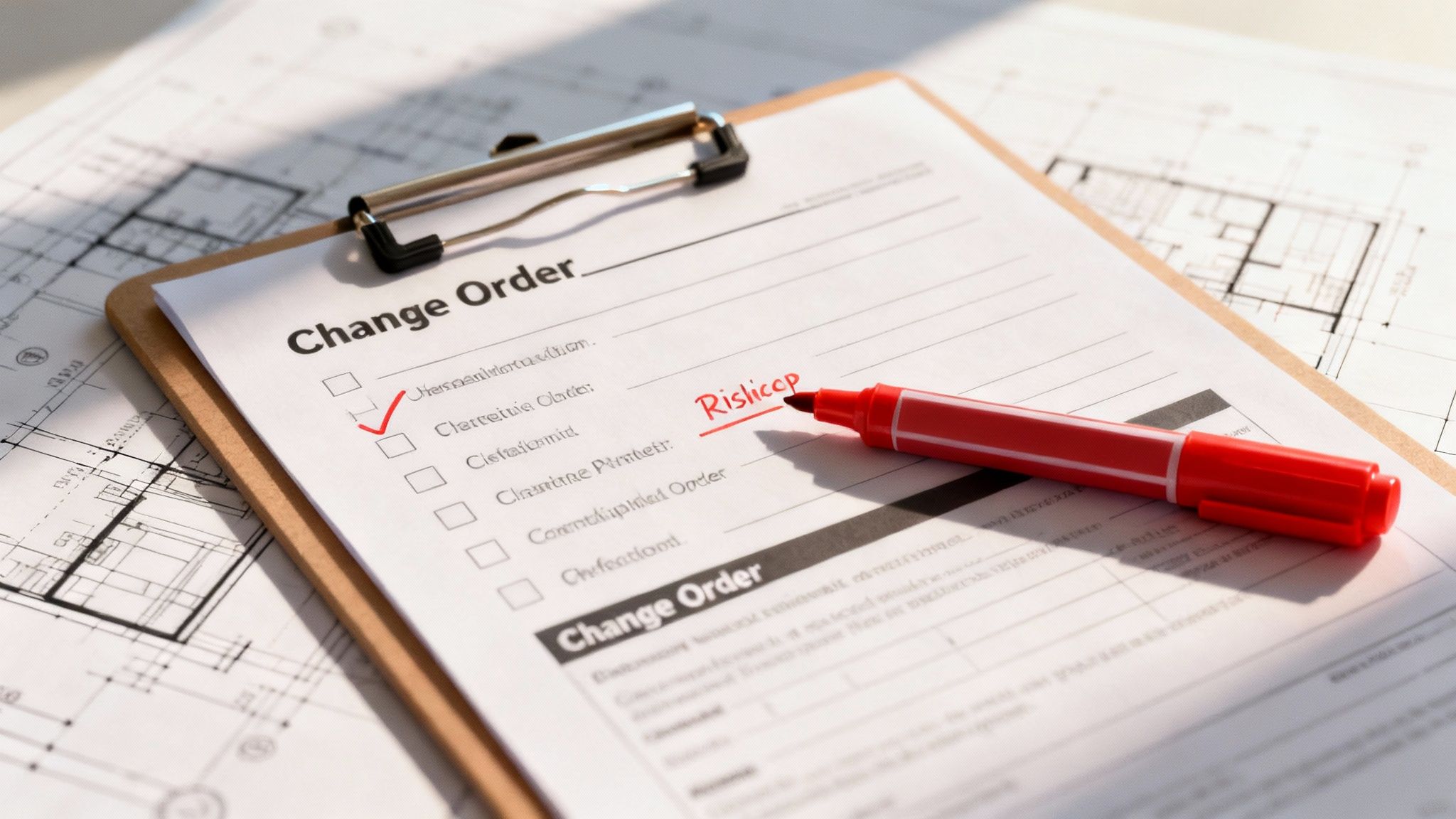 Een close-up van een 'Change Order' formulier met een vinkje en de tekst 'Rislicop', naast een rode stift op bouwplannen.