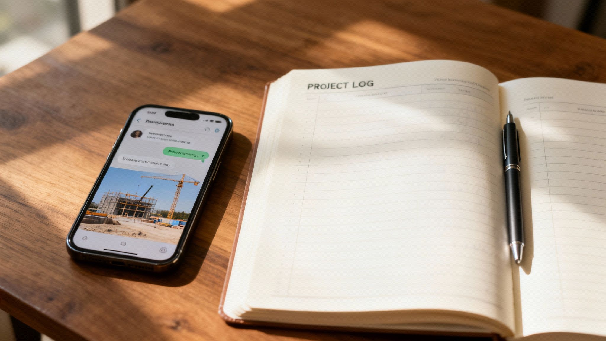 Een smartphone toont een afbeelding van een bouwplaats naast een open "PROJECT LOG" notitieboek met een pen op een houten tafel.
