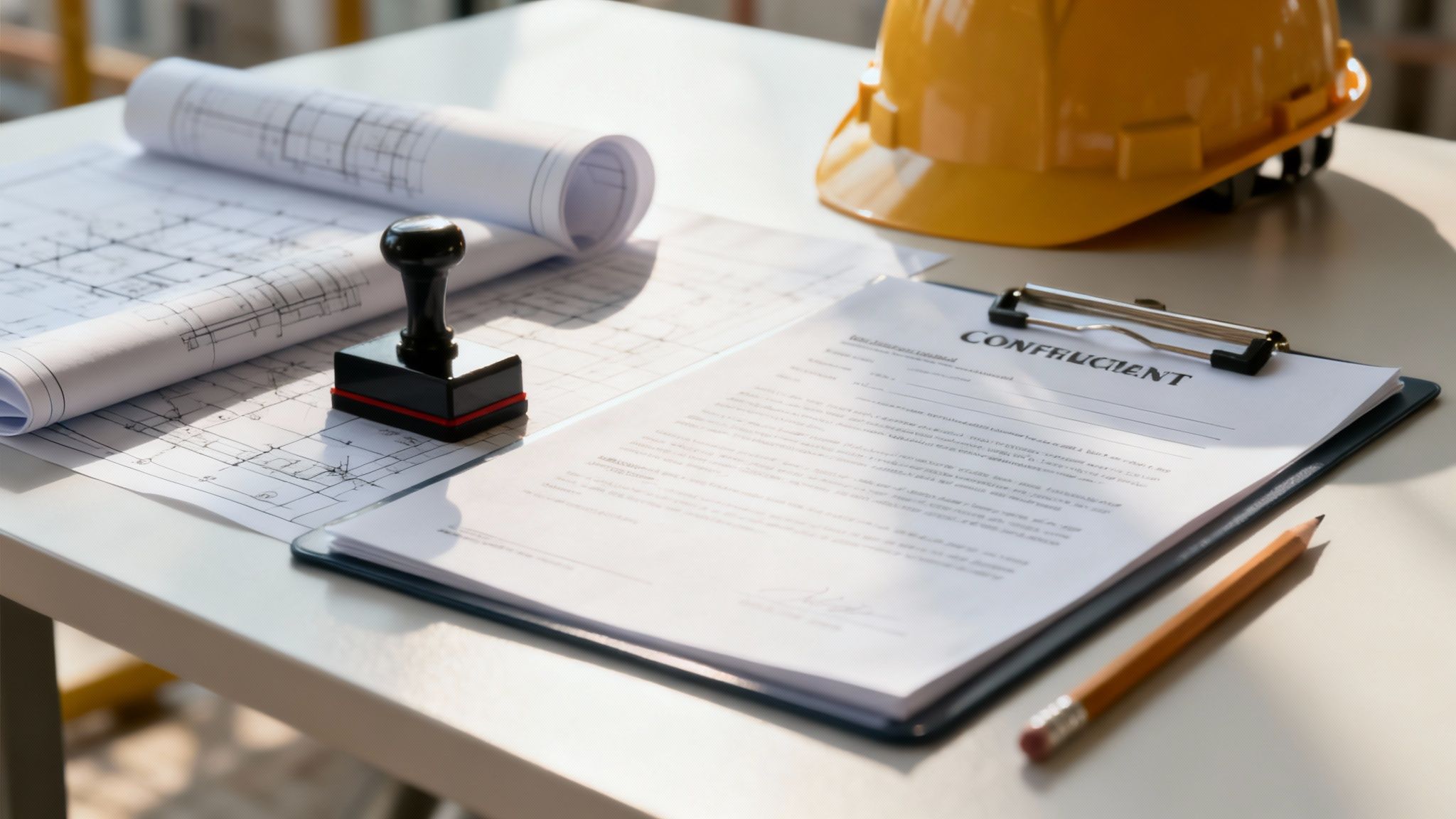 Een werkblad met bouwtekeningen, een stempel, een document, een potlood en een gele bouwhelm, voor bouwplanning.