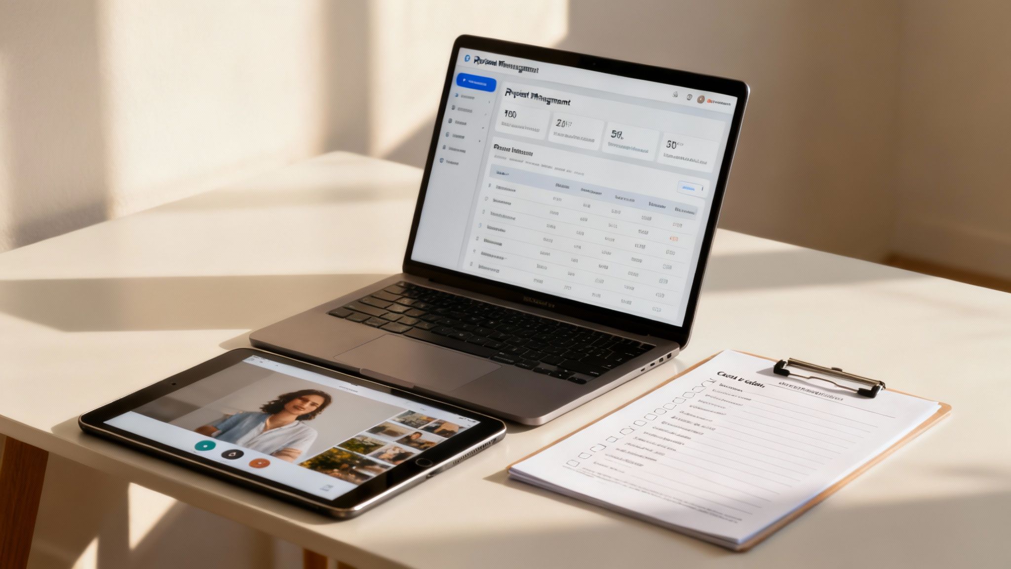 Een werkplek met een laptop die projectmanagement software toont, een tablet met een videogesprek en een klembord met een checklist.