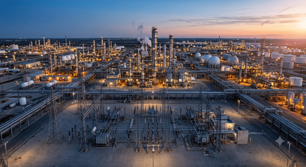 Industrieterrein met gesloten systeem voor elektriciteit en gas