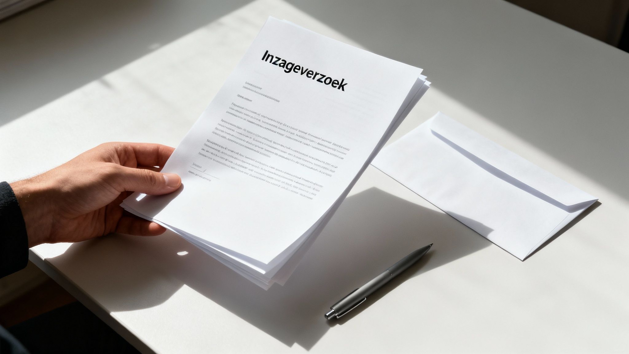 Een persoon die zorgvuldig een voorbeeldbrief schrijft aan een bureau