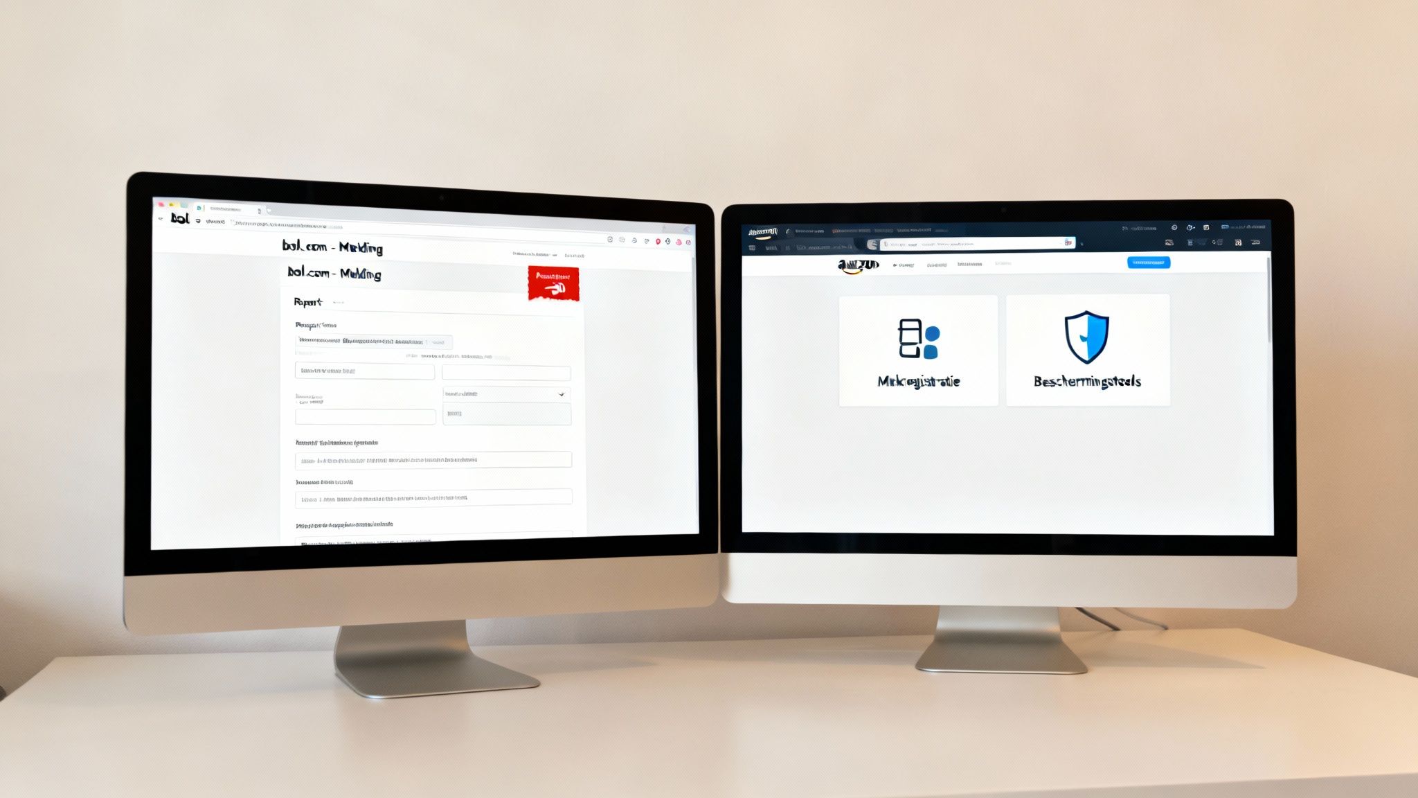 Twee computerschermen op een bureau, links bol.com melding van inbreuk, rechts Amazon met merkregistratie en beschermingstools.