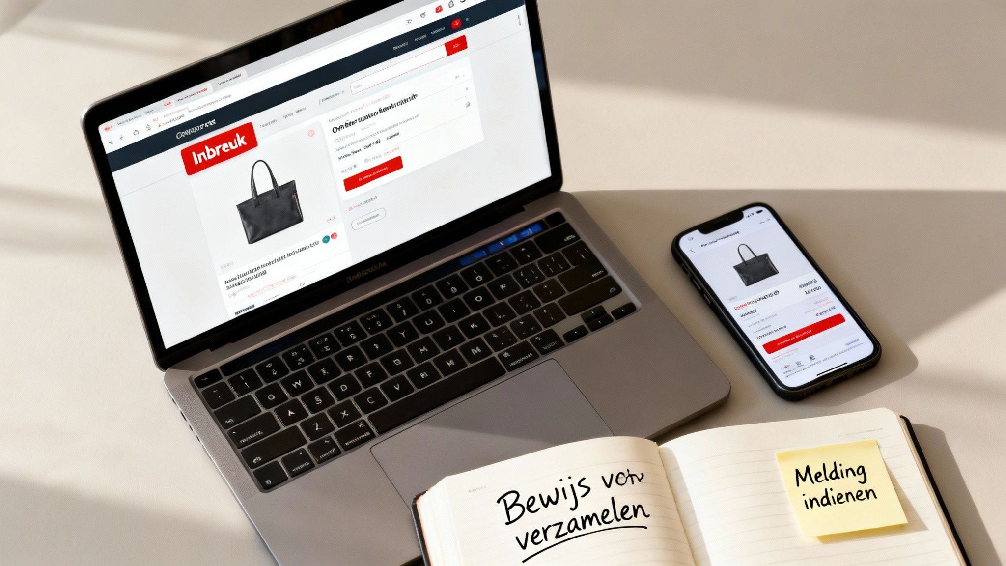 Laptop en telefoon met productpagina 'Inbreuk', naast notitieboekje met 'Bewijs verzamelen' en 'Melding indienen'.