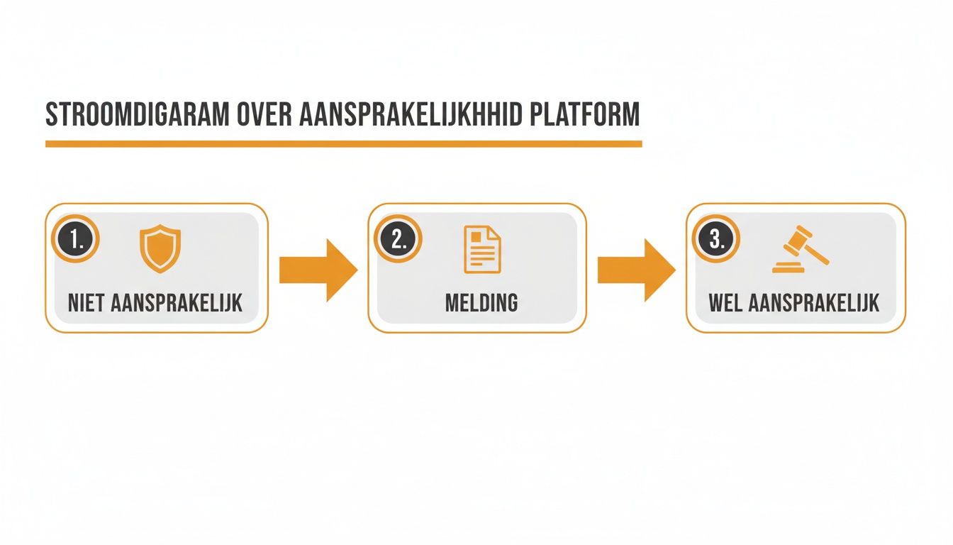 Stroomdiagram over platformaansprakelijkheid, met stappen: niet aansprakelijk, melding indienen en wel aansprakelijk.