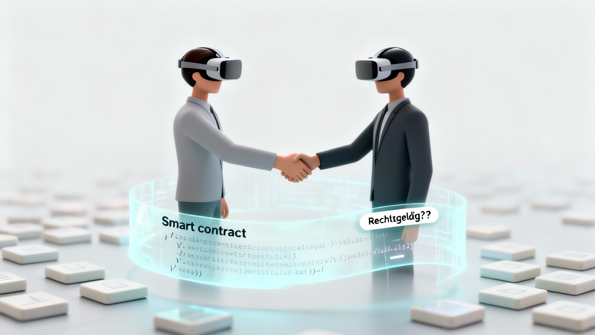 Twee mensen met VR-brillen schudden handen boven een hologram van een smart contract. De vraag over rechtsgeldigheid staat centraal.