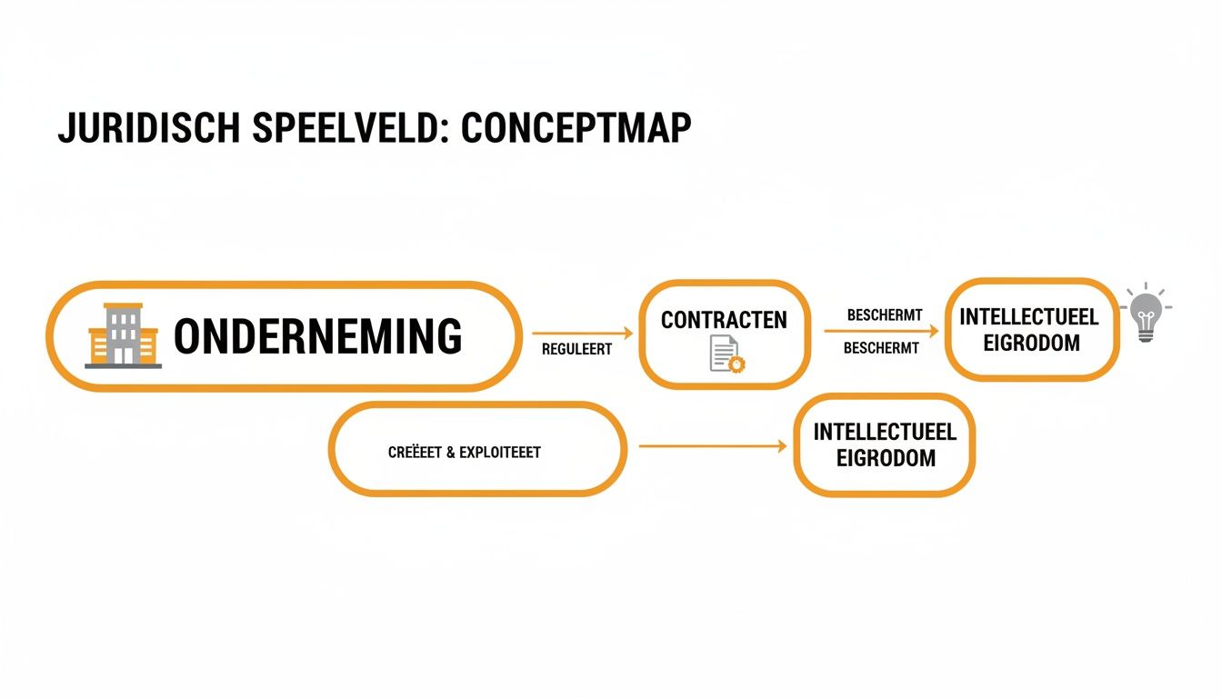 Conceptmap over het juridische speelveld van een onderneming, contracten en intellectueel eigendom.