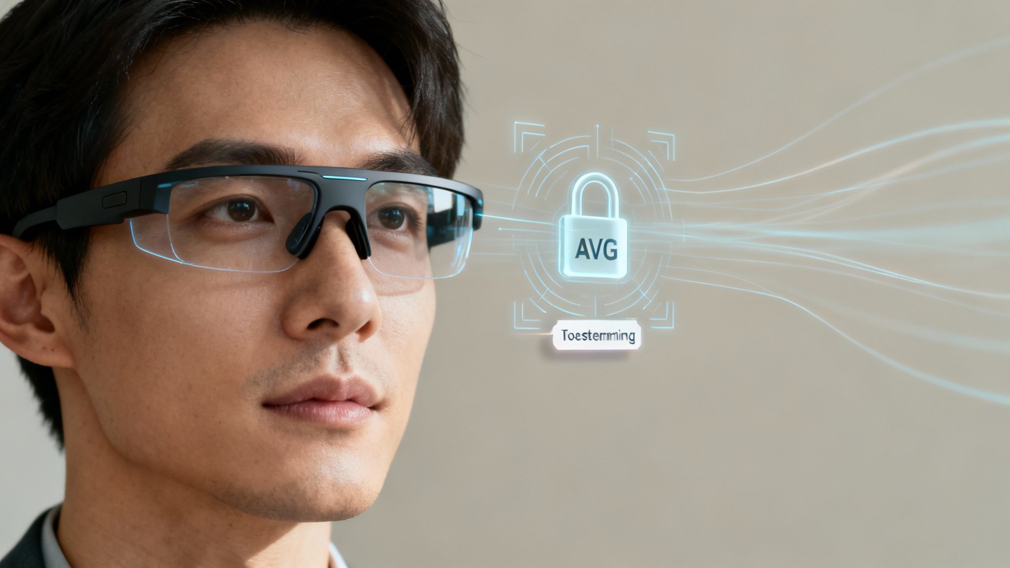 Man met AR-bril ziet digitaal slot met AVG en toestemming, duidt op privacy.