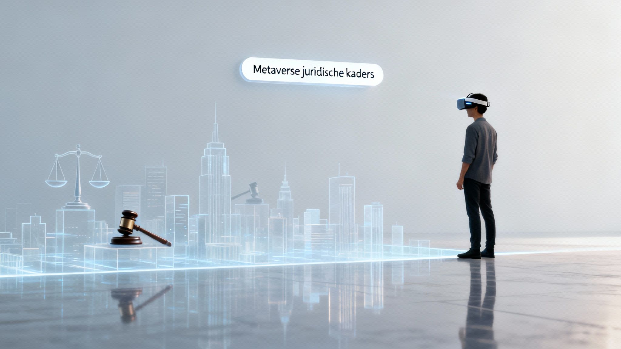 Man met VR-headset bekijkt holografische stad met rechtssymbolen en de tekst 'Metaverse juridische kaders'.