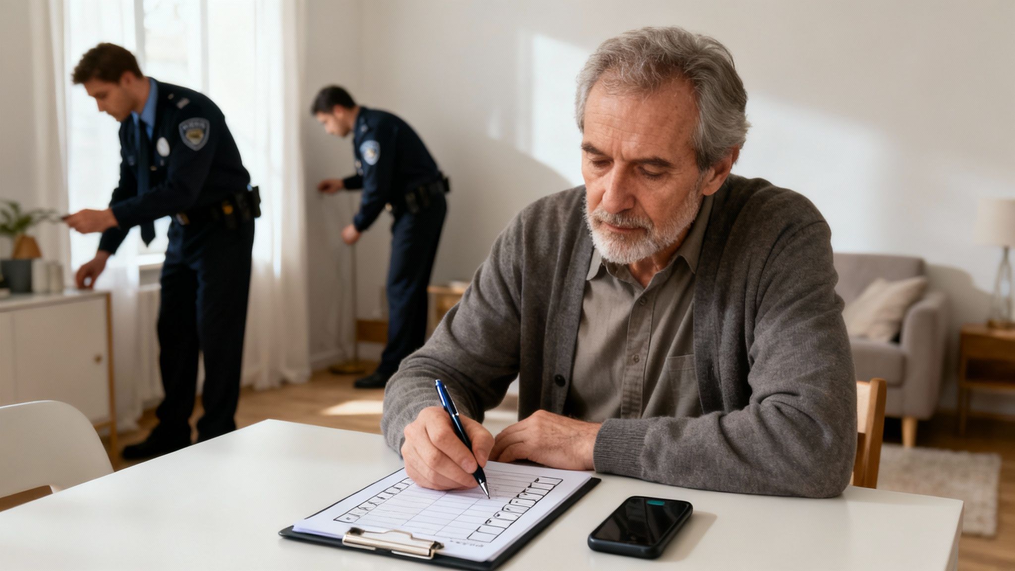 Oudere man vult formulier in terwijl politieagenten zijn huis doorzoeken op de achtergrond
