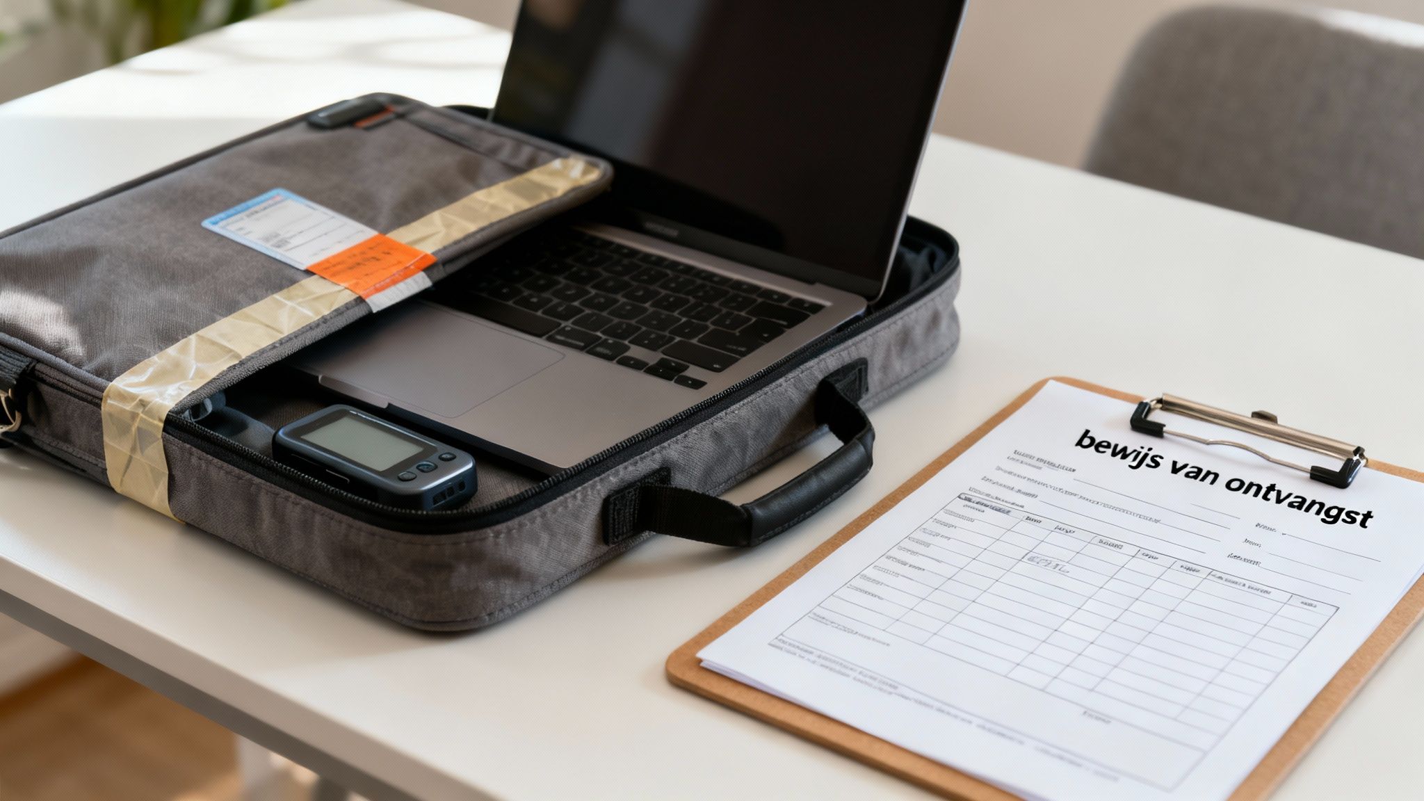Laptop in tas met bewijs van ontvangst formulier na huiszoeking door politie
