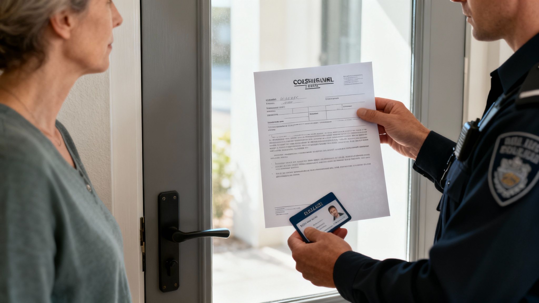 Politieagent toont huiszoekingsbevel en identificatie aan vrouw bij voordeur van woning