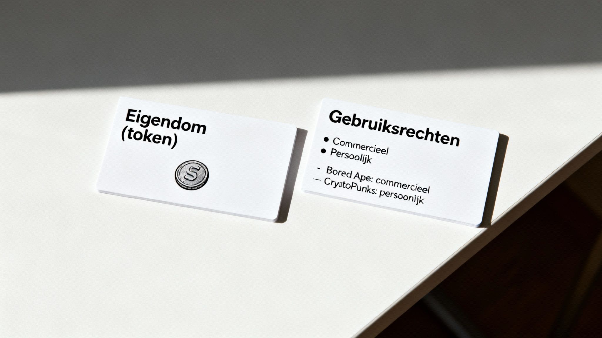 Twee witte kaarten tonen de concepten 'Eigendom (token)' en 'Gebruiksrechten' met voorbeelden van commercieel en persoonlijk gebruik.