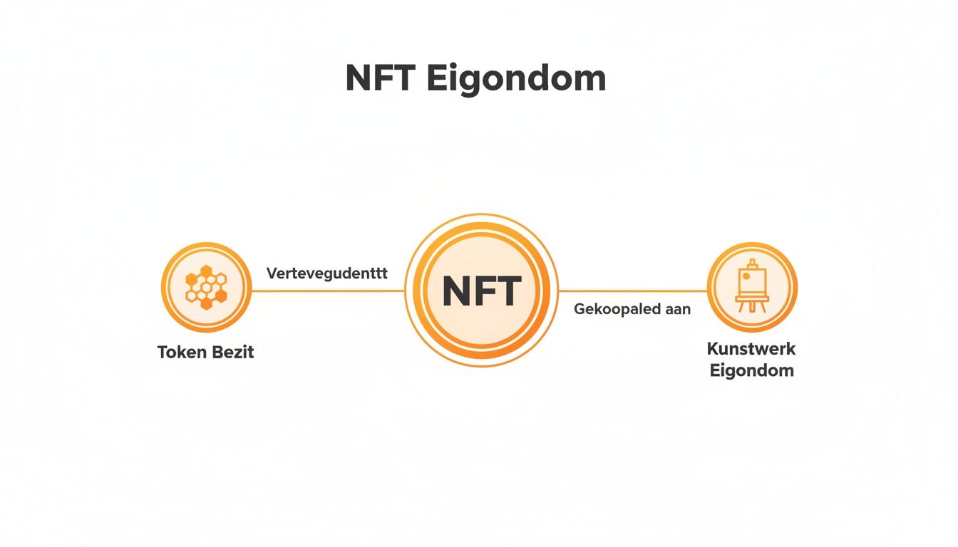 Diagram dat NFT-eigendom visualiseert, waarbij tokenbezit via een NFT is gekoppeld aan kunstwerkeigendom.