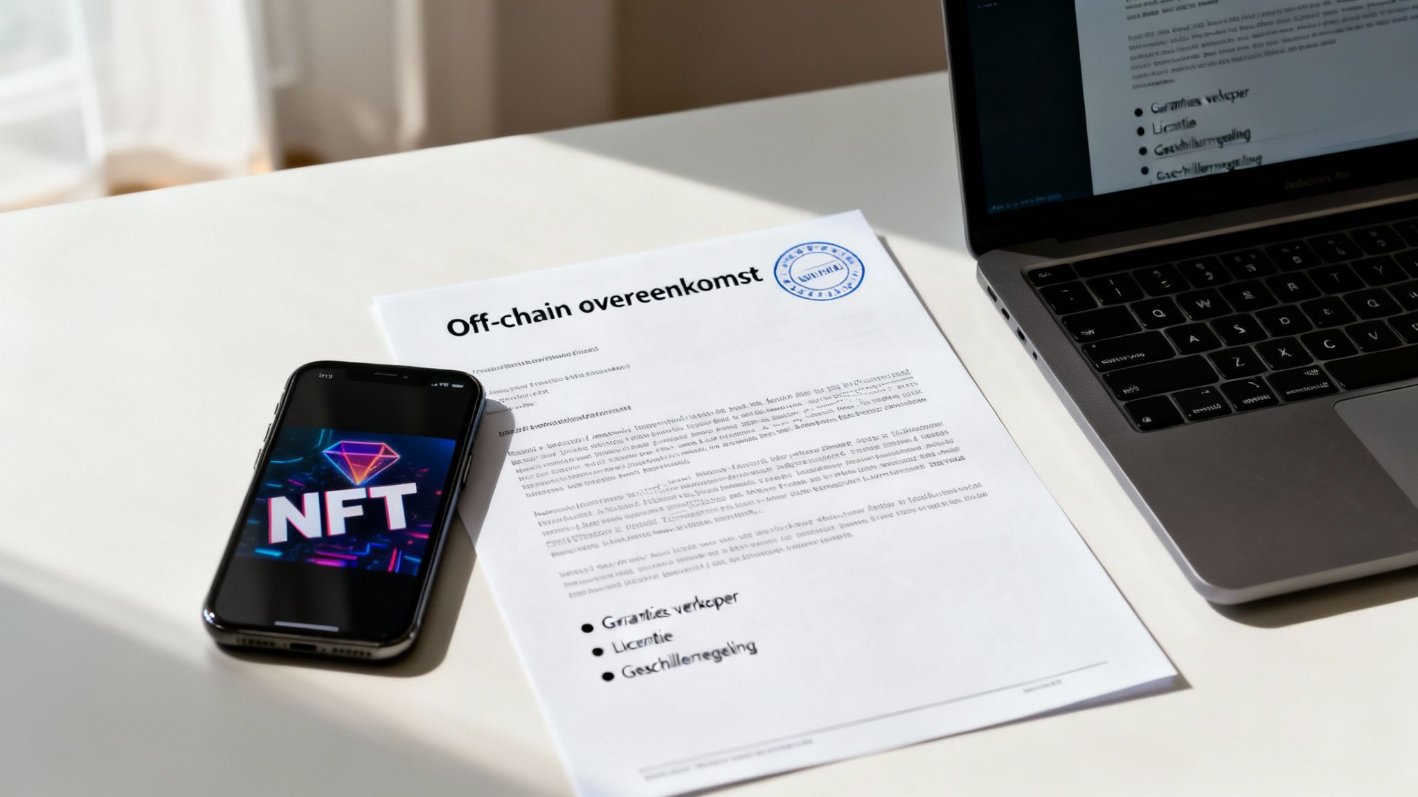 Een smartphone met NFT-logo, een 'Off-chain overeenkomst' document en een laptop op een bureau.