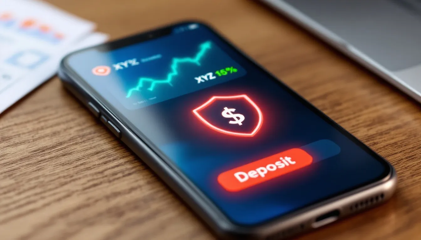 Een smartphone toont een interface van een valse investeringsapp, die eruitziet als een legitieme applicatie maar in werkelijkheid bedoeld is voor online oplichting. Deze afbeelding illustreert de listige kunstgrepen van oplichters die slachtoffers proberen te misleiden en hen te laten geloven dat ze een goed rendement op hun investering kunnen verwachten.