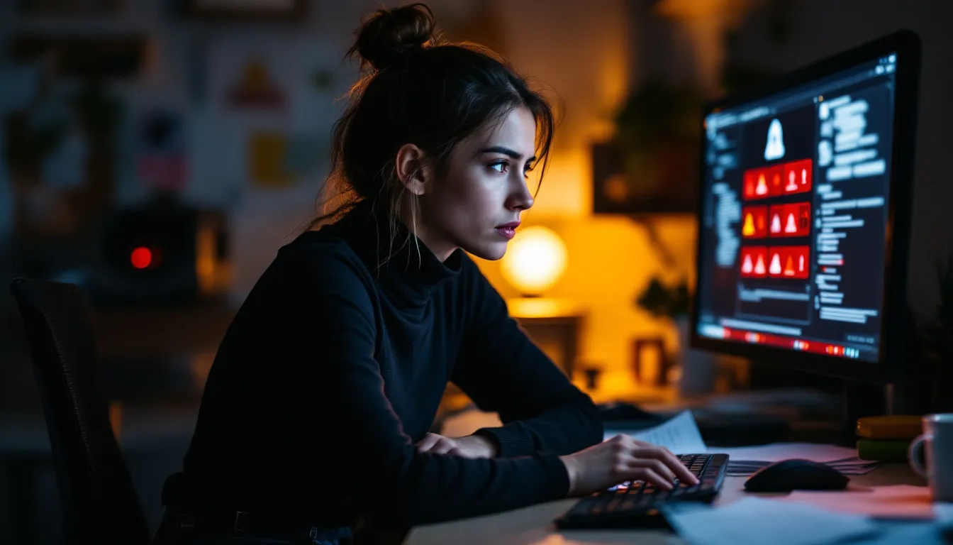 Een persoon kijkt bezorgd naar een computerscherm met waarschuwingssymbolen, wat duidt op mogelijke online oplichting of fraude. De uitdrukking op hun gezicht suggereert dat ze zich bewust zijn van de risico's van misleiding en identiteitsfraude.