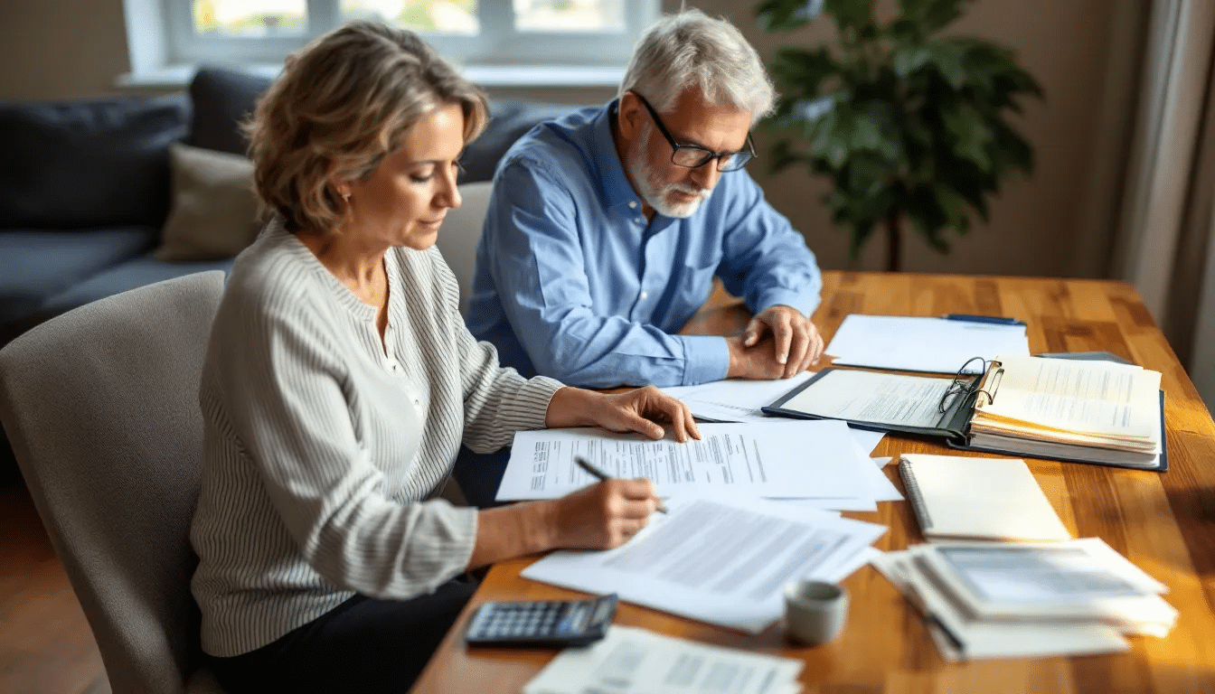 Twee ex-partners bekijken pensioenoverzichten om het ouderdomspensioen bij scheiding te verdelen.