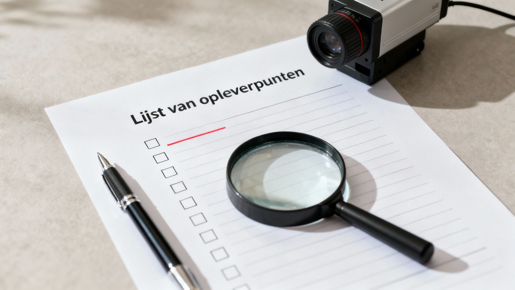Een checklist wordt afgevinkt met een pen, wat de inspectie symboliseert
