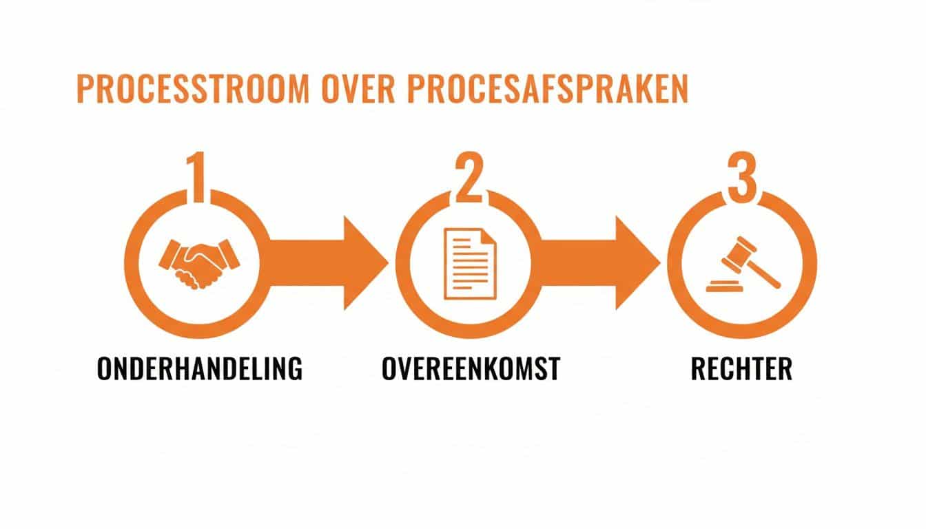 Visuele weergave van de processtroom voor procesafspraken: onderhandeling, overeenkomst en rechter.