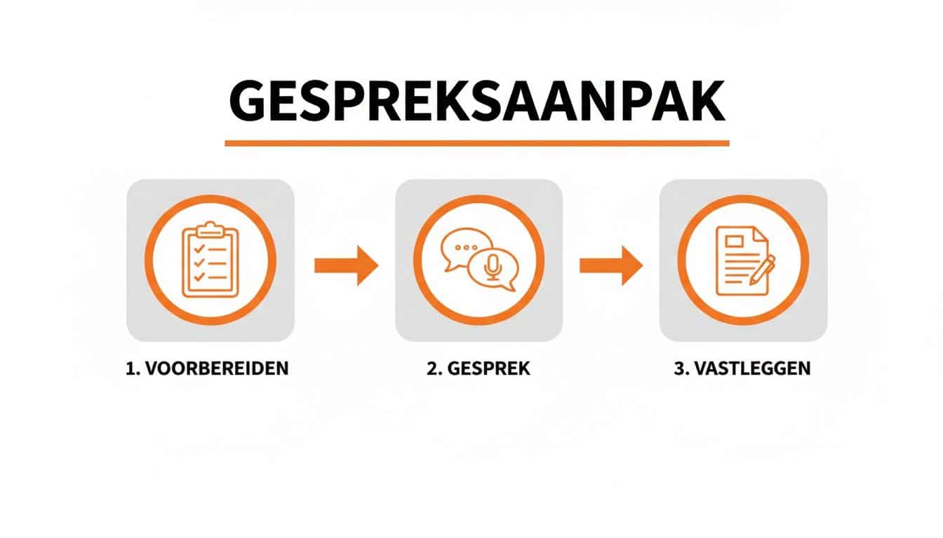 Infographic die de drie stappen van een gespreksaanpak toont: voorbereiden, het gesprek voeren en vastleggen.