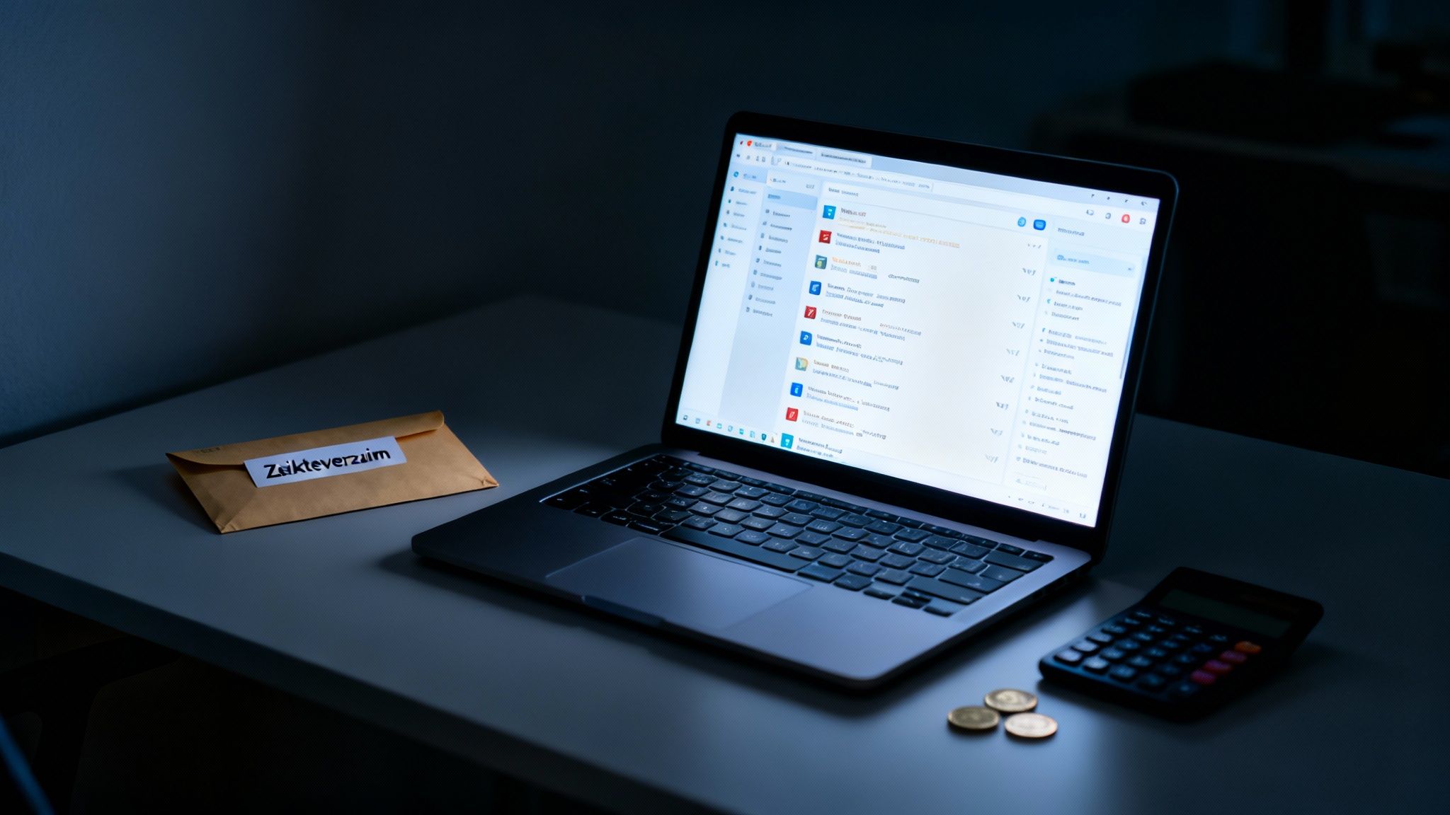 Een laptop op een bureau in het donker, met een envelop gemarkeerd als 'Ziekteverzuim', een rekenmachine en munten.