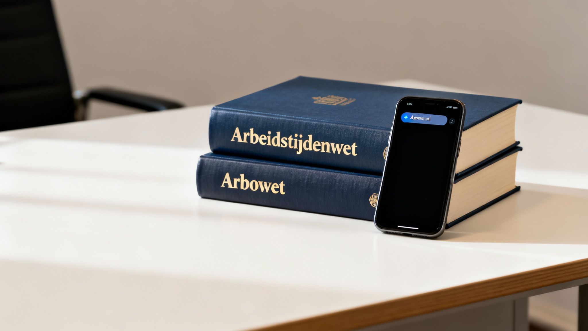 Twee blauwe wetboeken (Arbeidstijdenwet, Arbowet) en een smartphone op een witte tafel.