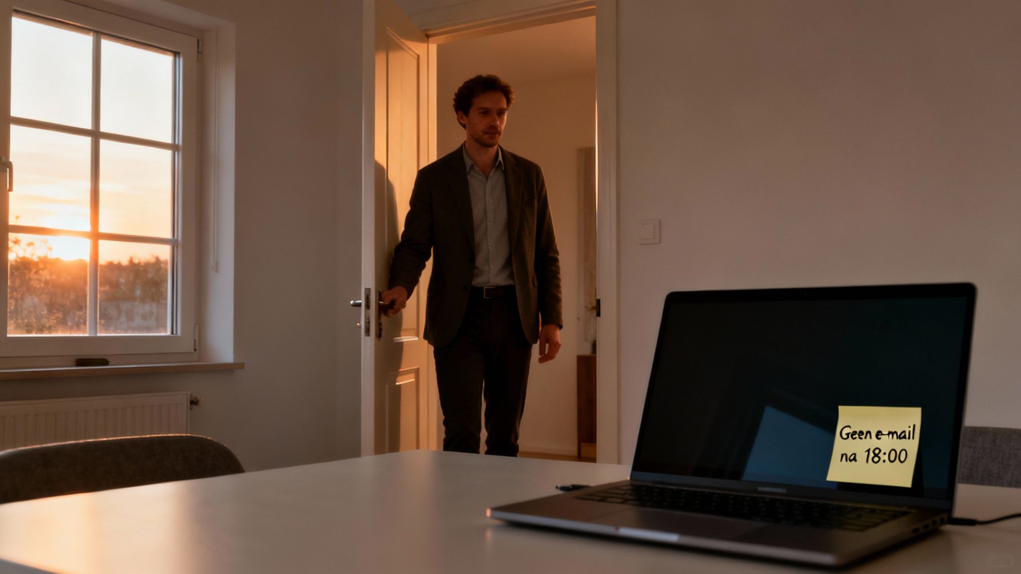Een man komt een kantoor binnen waar de zon ondergaat. Op een laptop zit een post-it: 'Geen e-mail na 18:00'.