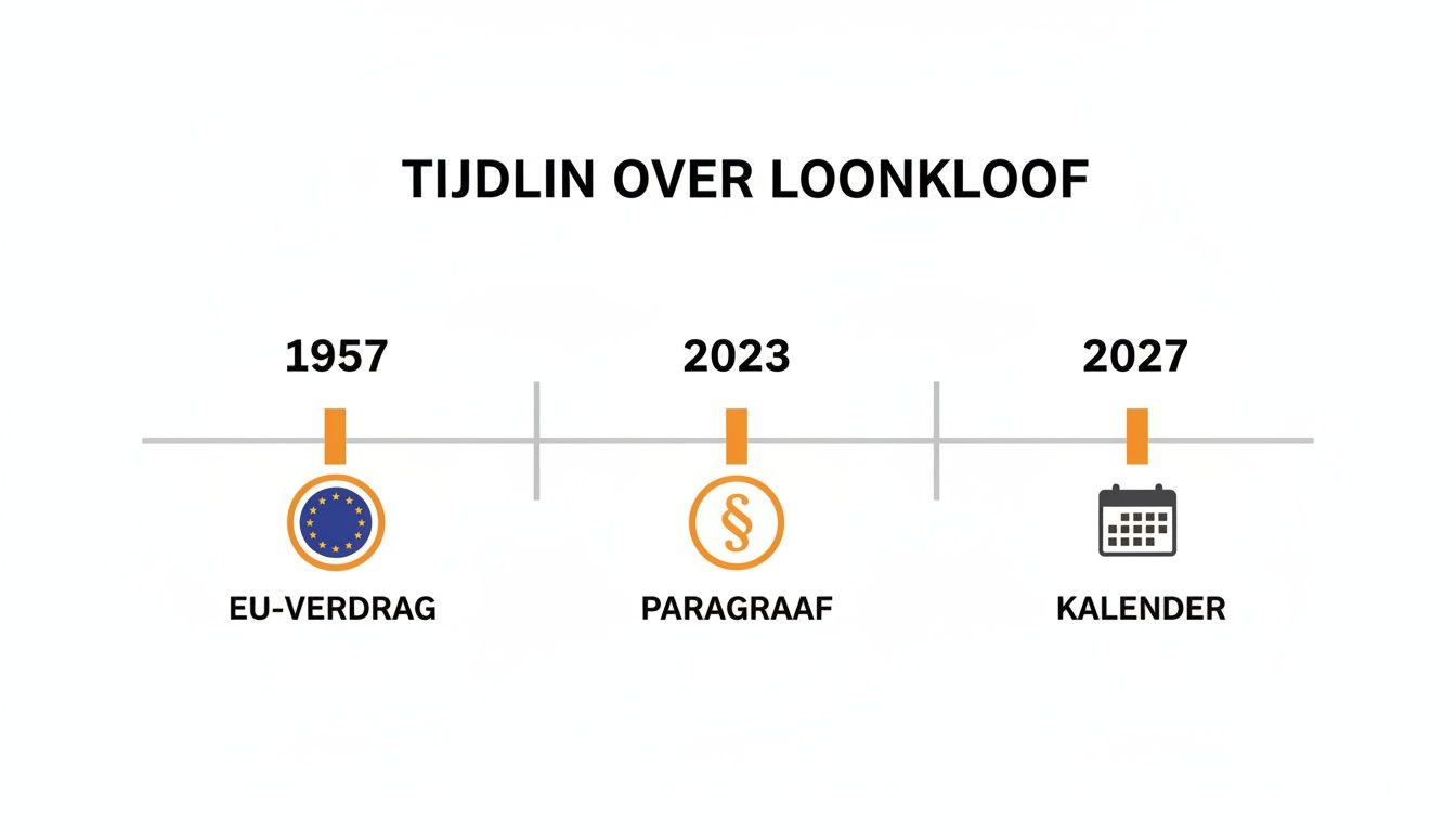 Tijdlijn over loonkloof met mijlpalen: EU-Verdrag (1957), Paragraaf (2023), en Kalender (2027).
