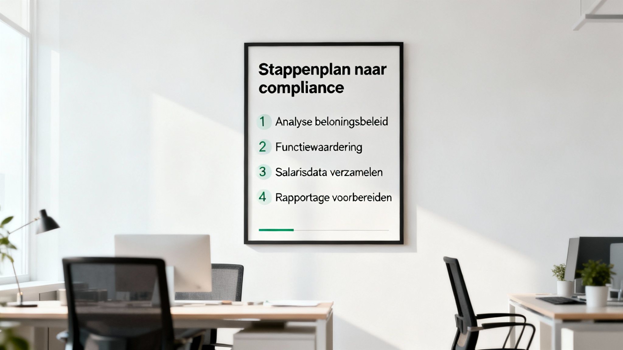 Poster met een stappenplan voor compliance aan de muur in een kantoorruimte. De stappen omvatten beloningsbeleid en salarisdata.