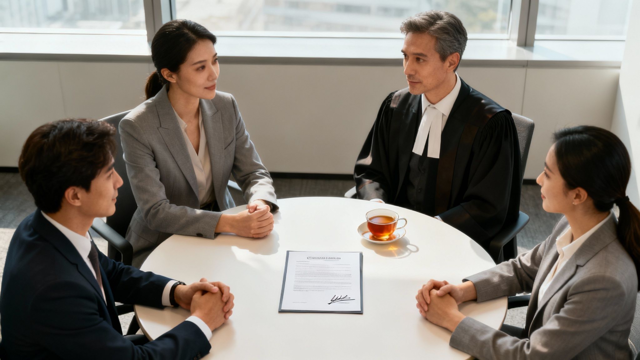 Een team van professionals zit rond een tafel en bespreekt documenten in een positieve sfeer