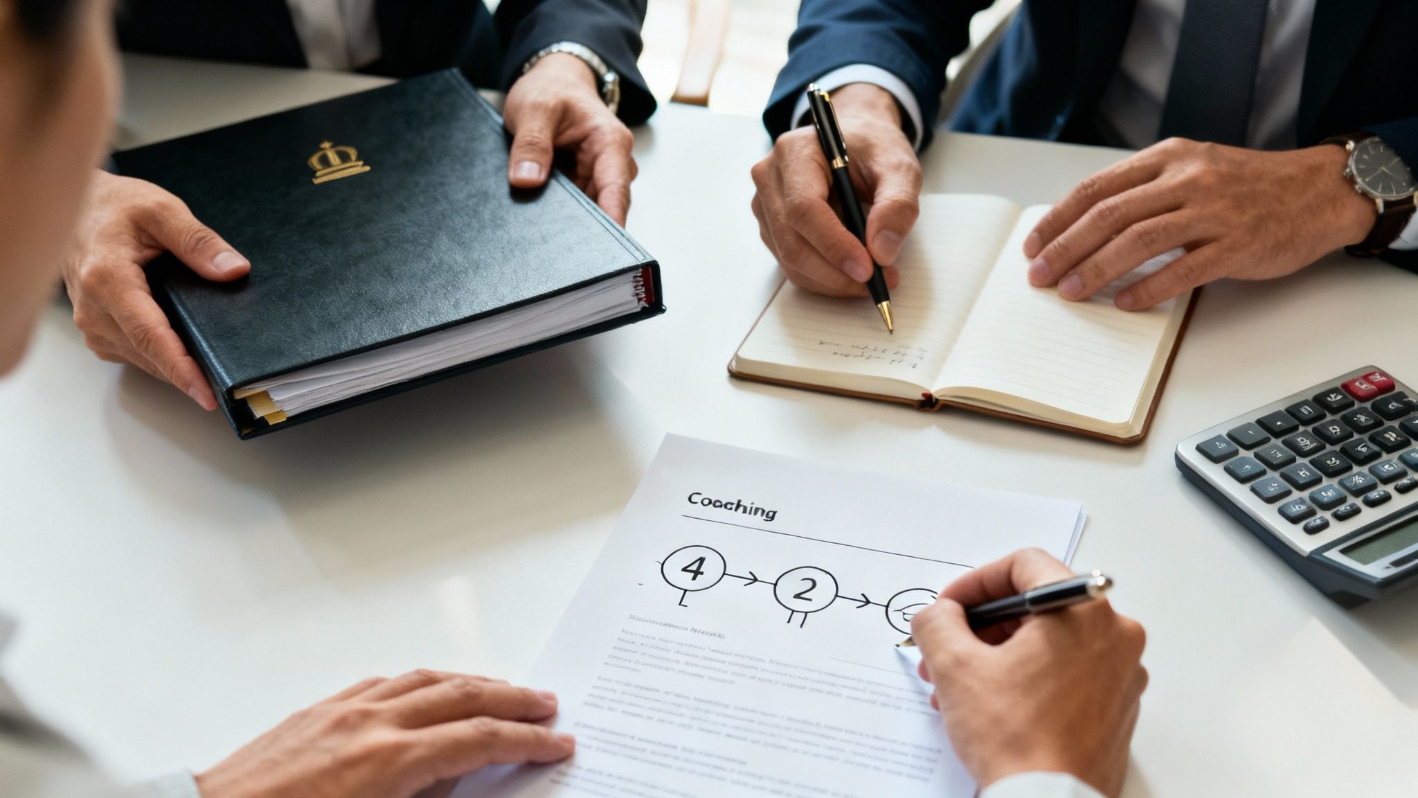 Een procesvisualisatie die de stappen van een collaborative divorce toont, van intake tot convenant, met iconen voor de betrokken professionals.