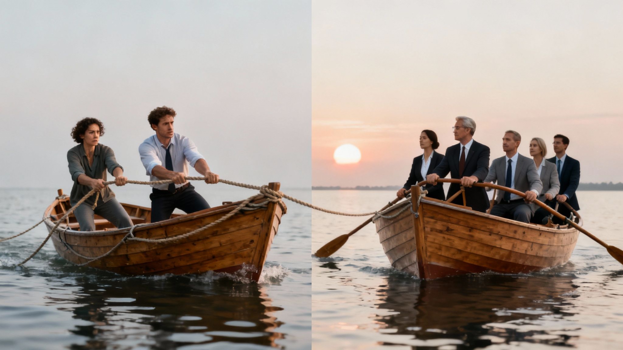 Twee mensen die rustig aan een tafel praten en papieren ondertekenen in een lichte, professionele omgeving