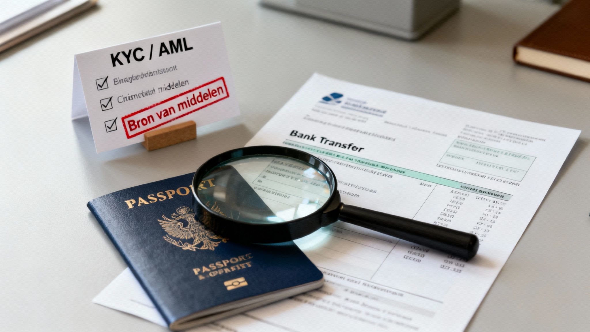 Een checklist voor KYC/AML met 'Bron van middelen' gemarkeerd, een paspoort, vergrootglas en bankafschrift liggen op tafel.
