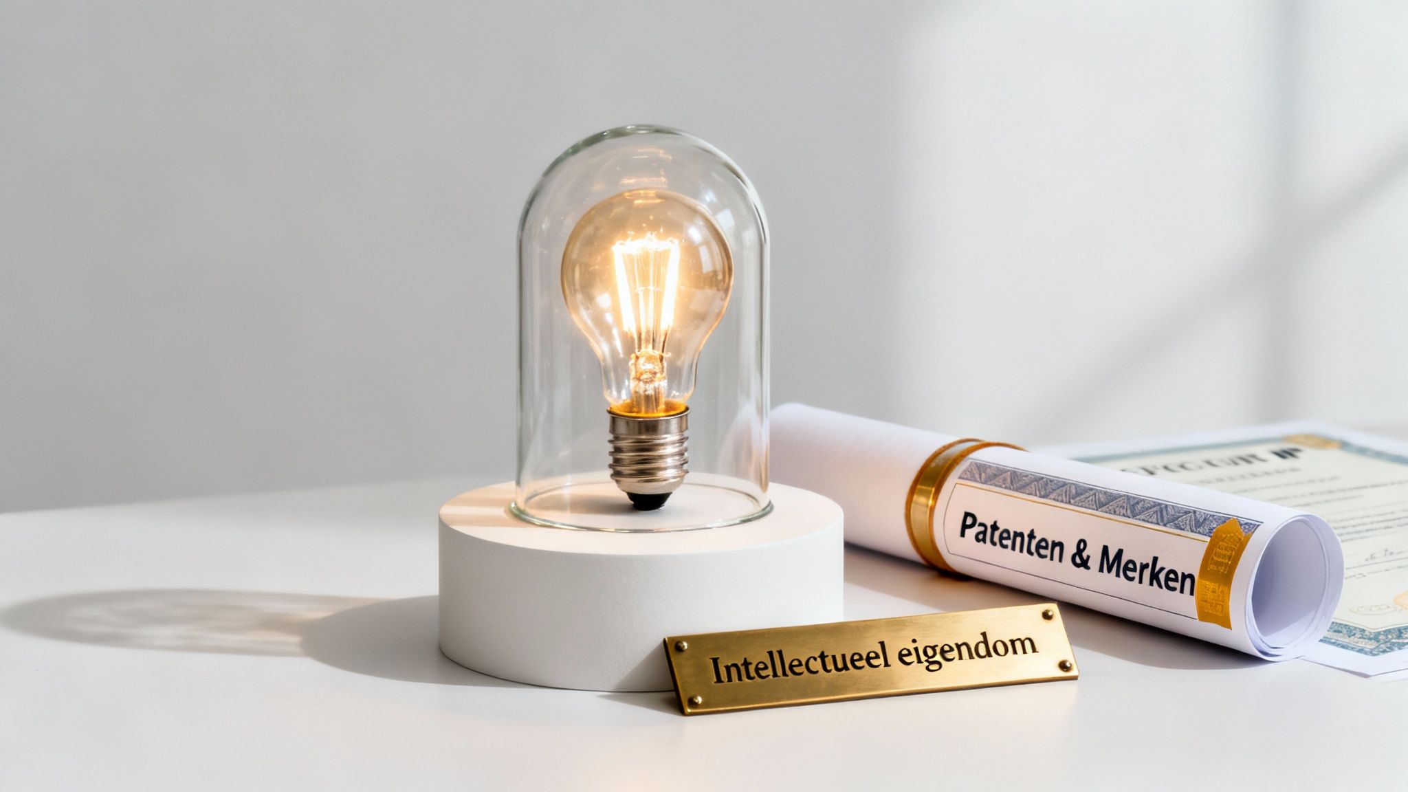 Intellectueel eigendom vertegenwoordigd door een gloeilamp, patentdocument en metalen plaatje.