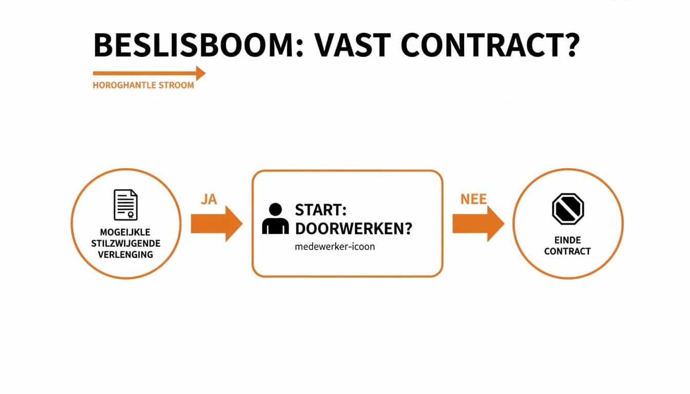 Beslisboom over de vraag of een vast contract ontstaat, met stappen voor doorwerken, stilzwijgende verlenging en einde contract.