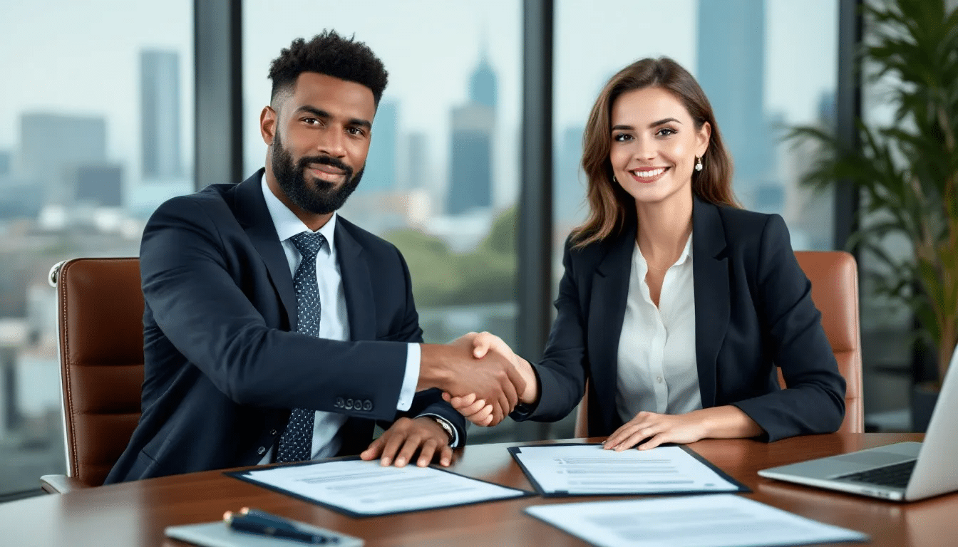 Twee ondernemers uit verschillende landen schudden elkaar de hand boven een internationaal contract met een rechtskeuzeclausule